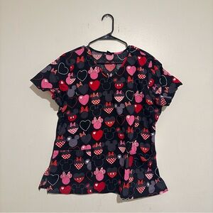 Disney | Black and Red Heart Patterned Scrub Top